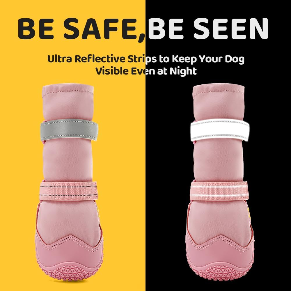 Hcpet Dog Shoes, Dog Boots & Paw Protectors for Winter Snowy Days, Rainy Weather, Outdoor Anti-Slip Sole Dog Booties for Hardwood Floor Pink-Leg 1