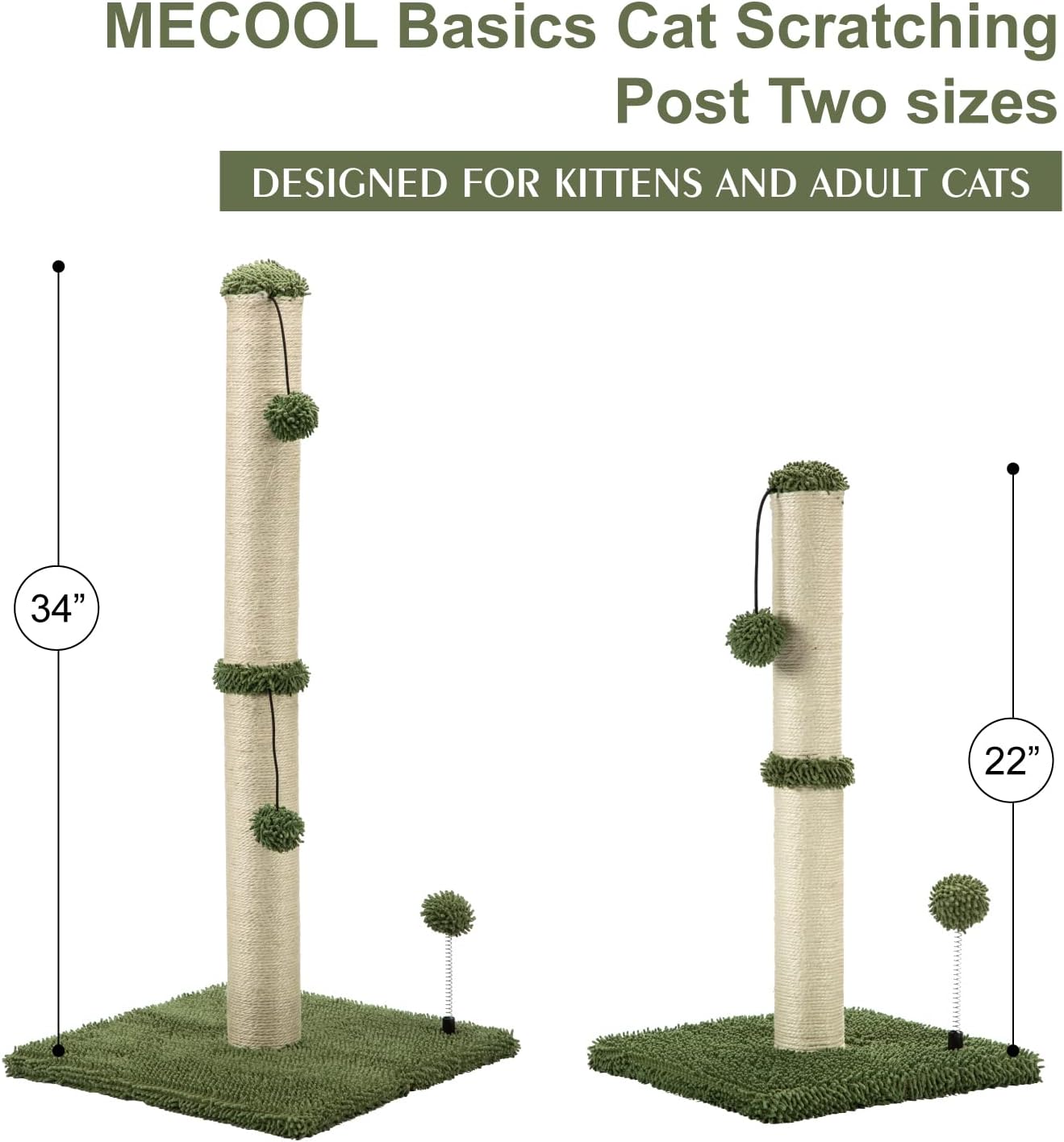 MECOOL Cat Scratching Post Premium Basics Kitten Scratcher Sisal Scratch Posts with Hanging Ball 22in for Kittens or Smaller Cats, Cactus Green