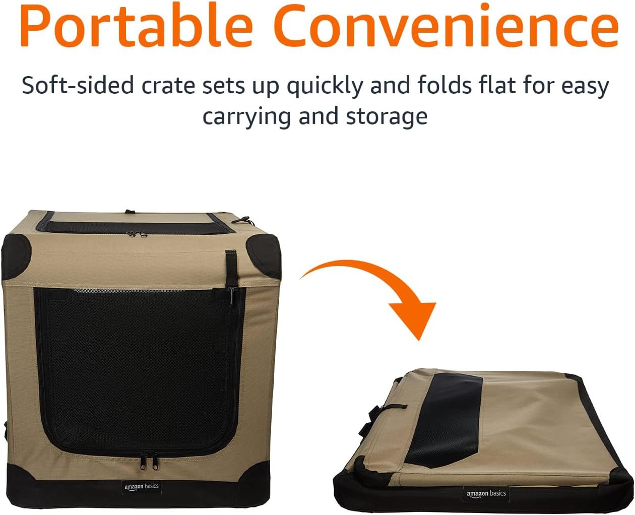 Amazon Basics Folding Soft Crate for Cat, Dog, Rabbit, Portable and Collapsible, 36 Inch, Tan, L 36" x 24" x 24"