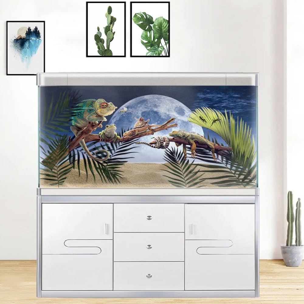 Moon Aquarium Background,Cool Sea Galaxy Parallel Space Themed Fish Tank Background, Cool Terrarium Background 36X24IN with 8 EVA Double-Sided Tape