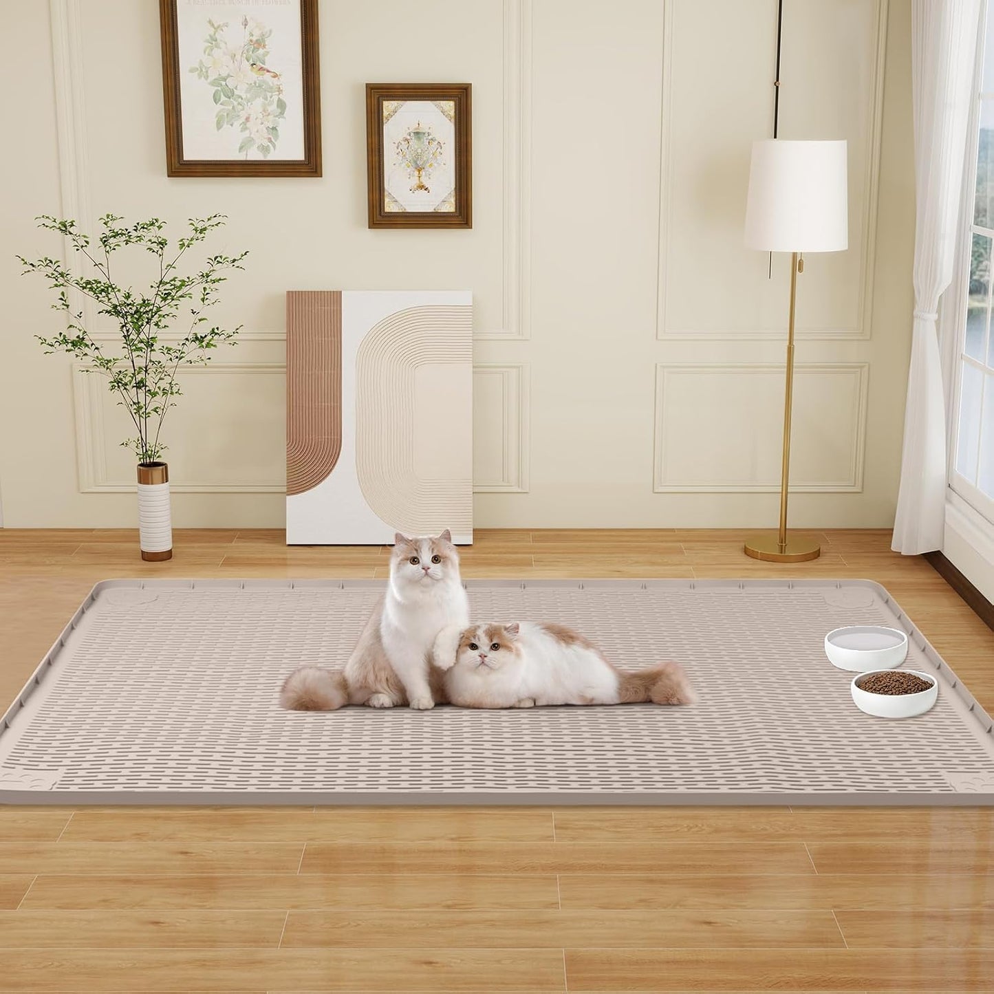 Cat Food Mat, 50" x 35" Extra Large Silicone Pet Feeding Mat with Raised Edge Pet Placemat for Food and Water Bowl Non-Slip, Easy to Clean, Floor Protection (Khaki)