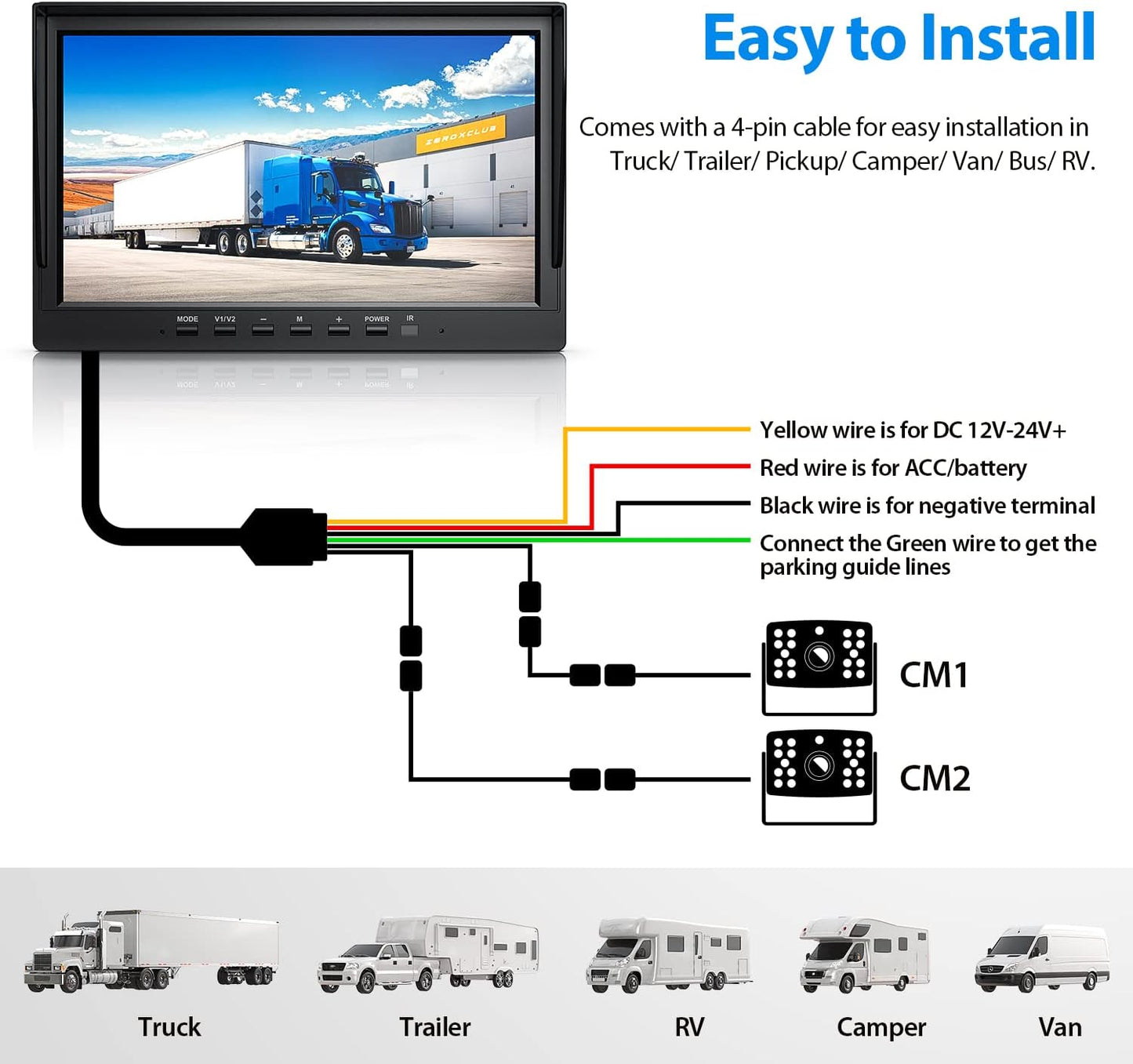 10" HD Backup Camera System Kit, Loop Recording Large Monitor with Wired Rear View Camera, IR Night Vision Waterproof Camera with Safe Parking Lines for Bus, Semi-Truck, Trailer, RV, BY102A