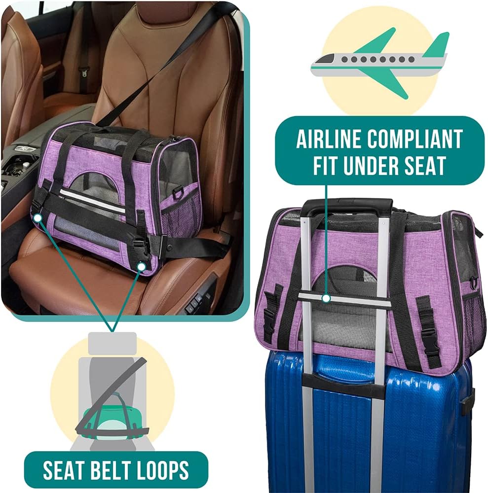 PetAmi Airline Approved Pet Carrier for Cat, Soft Sided Dog Carrier for Small Dog, Cat Travel Supply Accessories Indoor Cat, Ventilated Pet Carrying Bag Medium Large Kitten Puppy, Small Heather Purple