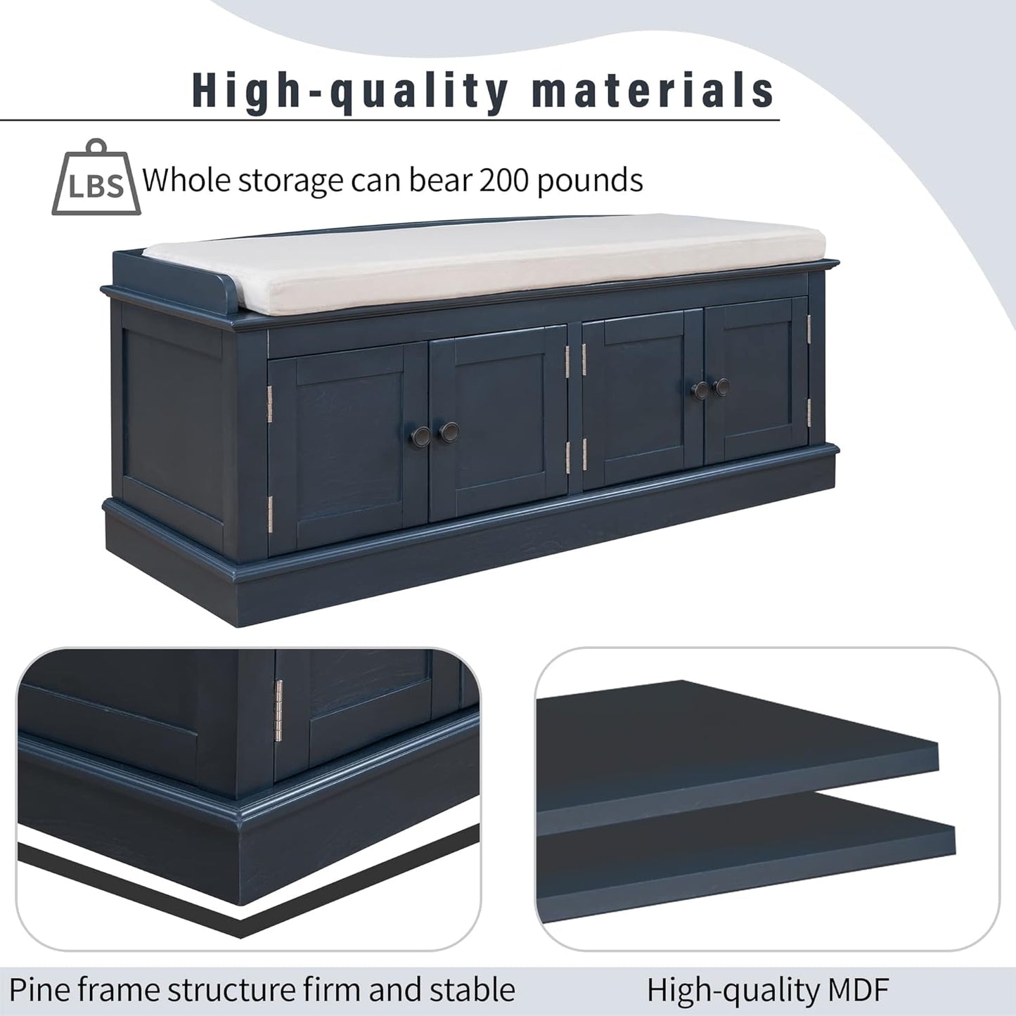 Storage Bench with 4 Doors and Adjustable Shelves, Shoe Bench with Removable Cushion for Living Room, Entryway 42.7" L x 16" W x 17.4" H (Antique Navy)