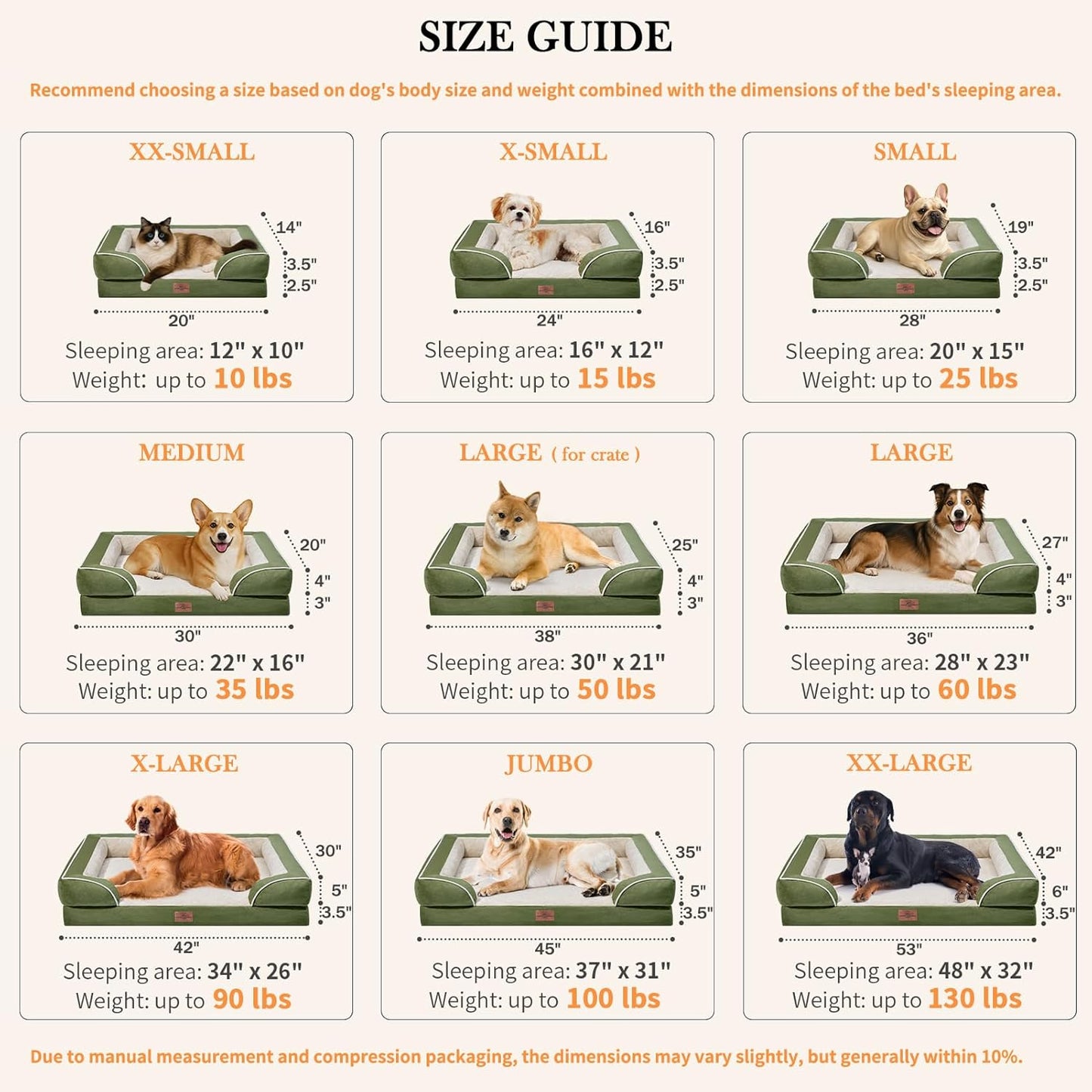 Comfort Expression Orthopedic Dog Beds for Jumbo Breed Large Dogs, Jumbo Dog Beds Waterproof, PV Washable Pet Sofa Couch with Removable Cover & Non-Slip Bottom(Light Green)