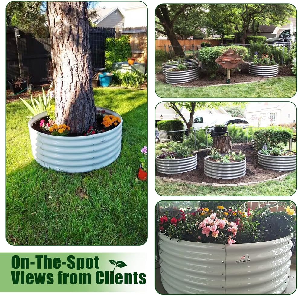 A ANLEOLIFE 2-Pack 4ft x 18” Tall Galvanized Raised Garden Beds Outdoor, Round Metal Planter Box for Planting Vegetables Flowers Herb, Anti-Rust & Easy-Setup, Antique White