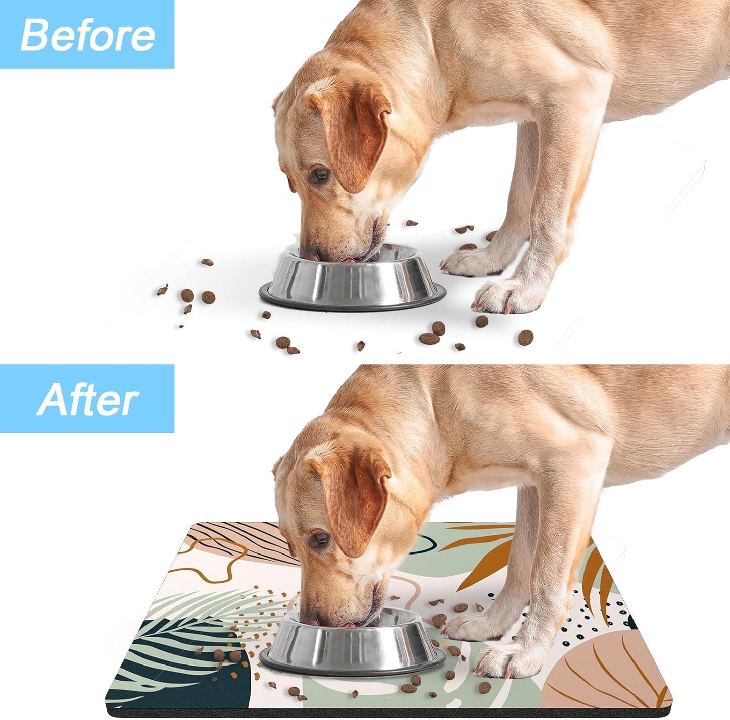 Rnivvi Dog Food Mat, 12" x 19" Boho Absorbent Dog Cat Bowl Mat for Food and Water, 3MM Anti-Slip Rubber Pet Feeding Rug Protect Floors, Puppy Placemat for Feeding & Watering Supplies, Tropical Leaves
