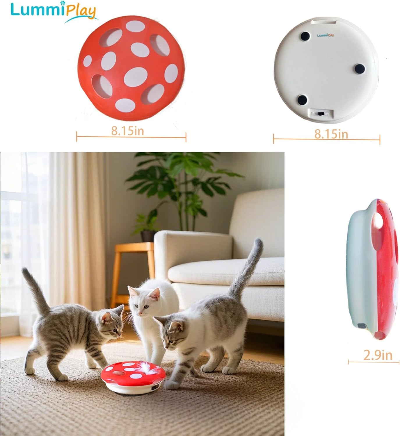 Interactive Cat Toy Automatic Mushroom - Whack-a-Mole Game with Rotating Feathers for Indoor Cats, Hide & Seek Rechargeable Toys Boredom Relief Adult Kittens, Safe Chew Proof Design (Red)