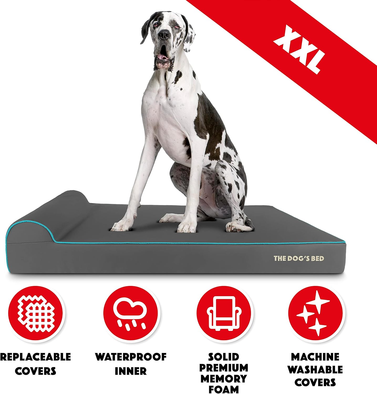 The Dog’s Bed Orthopedic Headrest Dog Bed XXL Grey/Blue 54x36, Memory Foam, Pain Relief for Arthritis, Hip & Elbow Dysplasia, Post Surgery, Lameness, Veterinary Approved, Waterproof Washable Cover