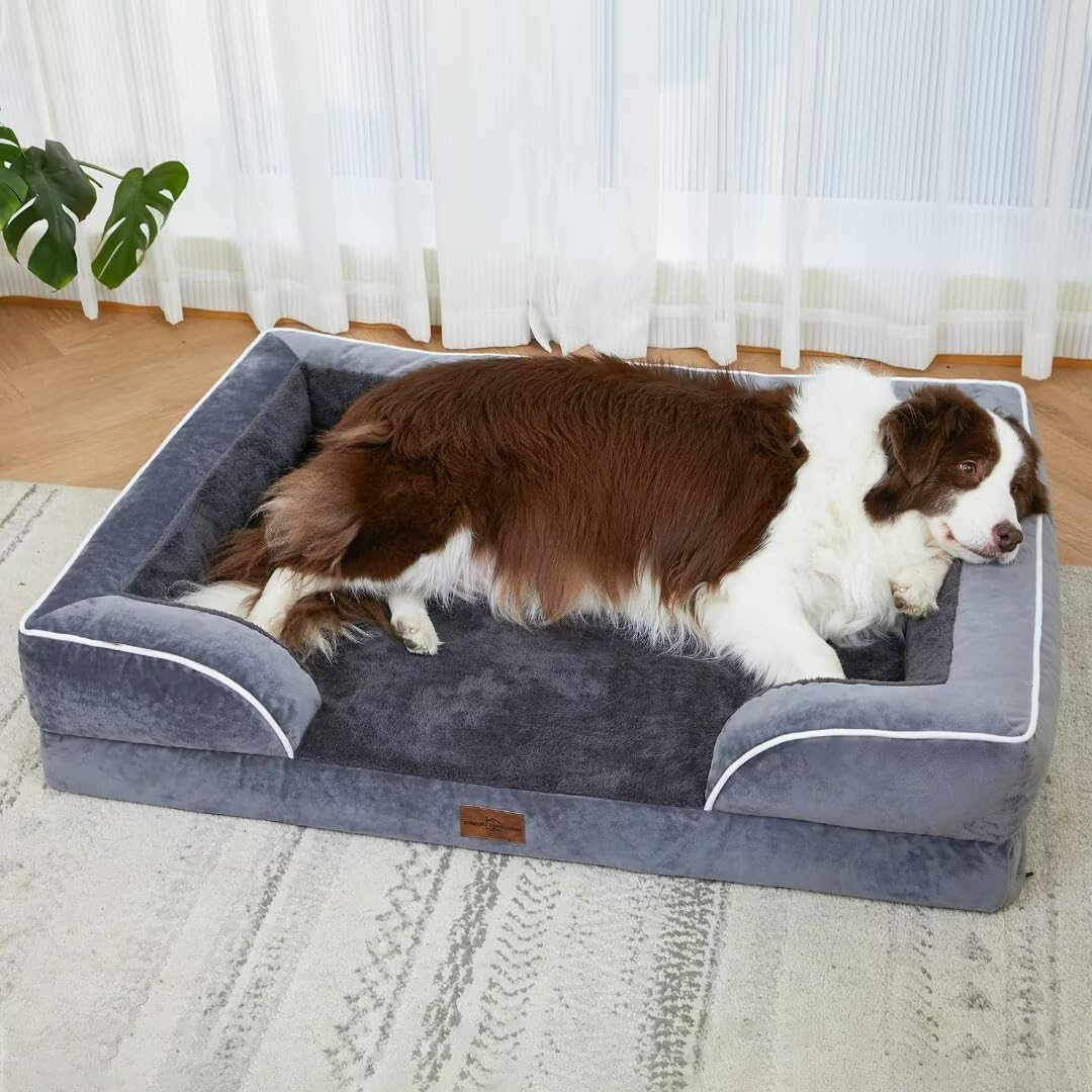 Comfort Expression Dog Beds Memory Foam, XXL Orthopedic Waterproof Dogs Beds, Giant Washable Dog Beds with Bolster & Removable Cover(XX-Large,Leaden Grey)