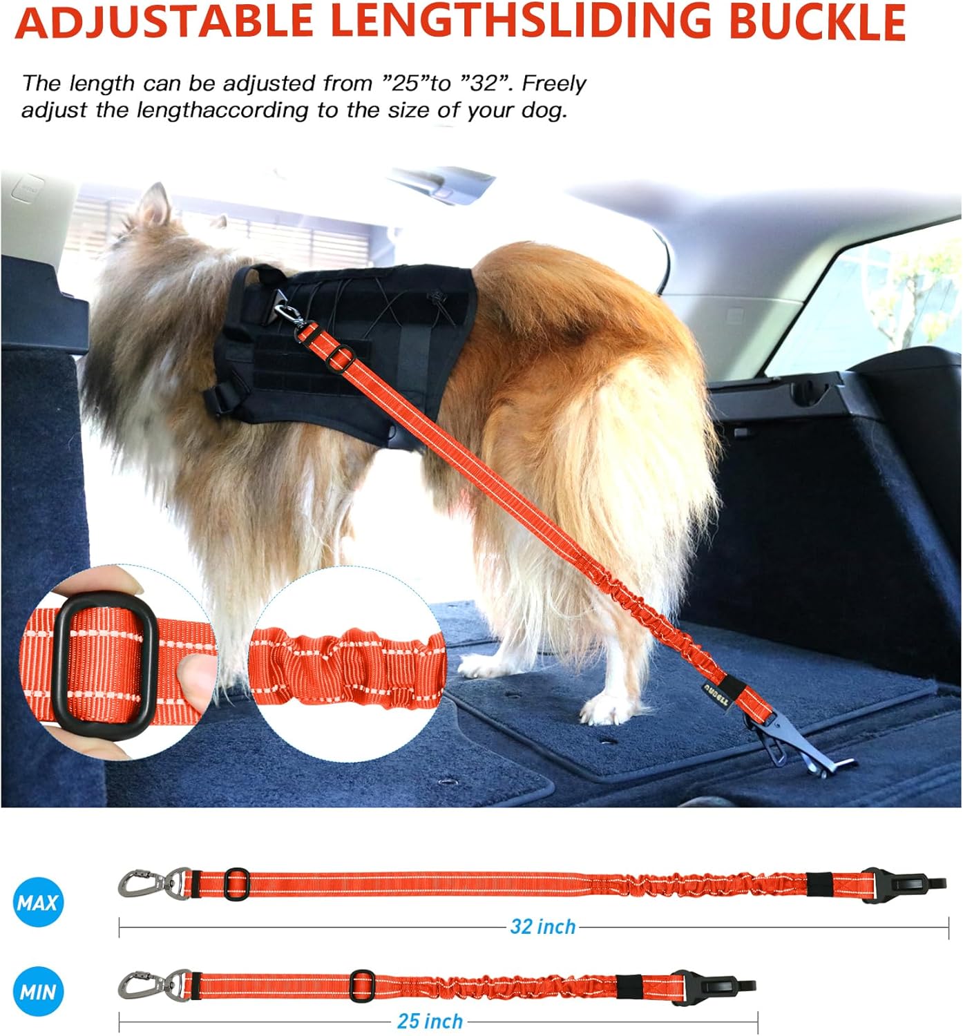 AUBELL Dog Seat Belt for Car,2 Pack Set 3-in-1 Adjustable Reflective Bungee Heavy Duty Dog Car Harness Tether with Clip Hook Latch & Buckle,Swivel Zinc Alloy Carabiner,Black+Orange