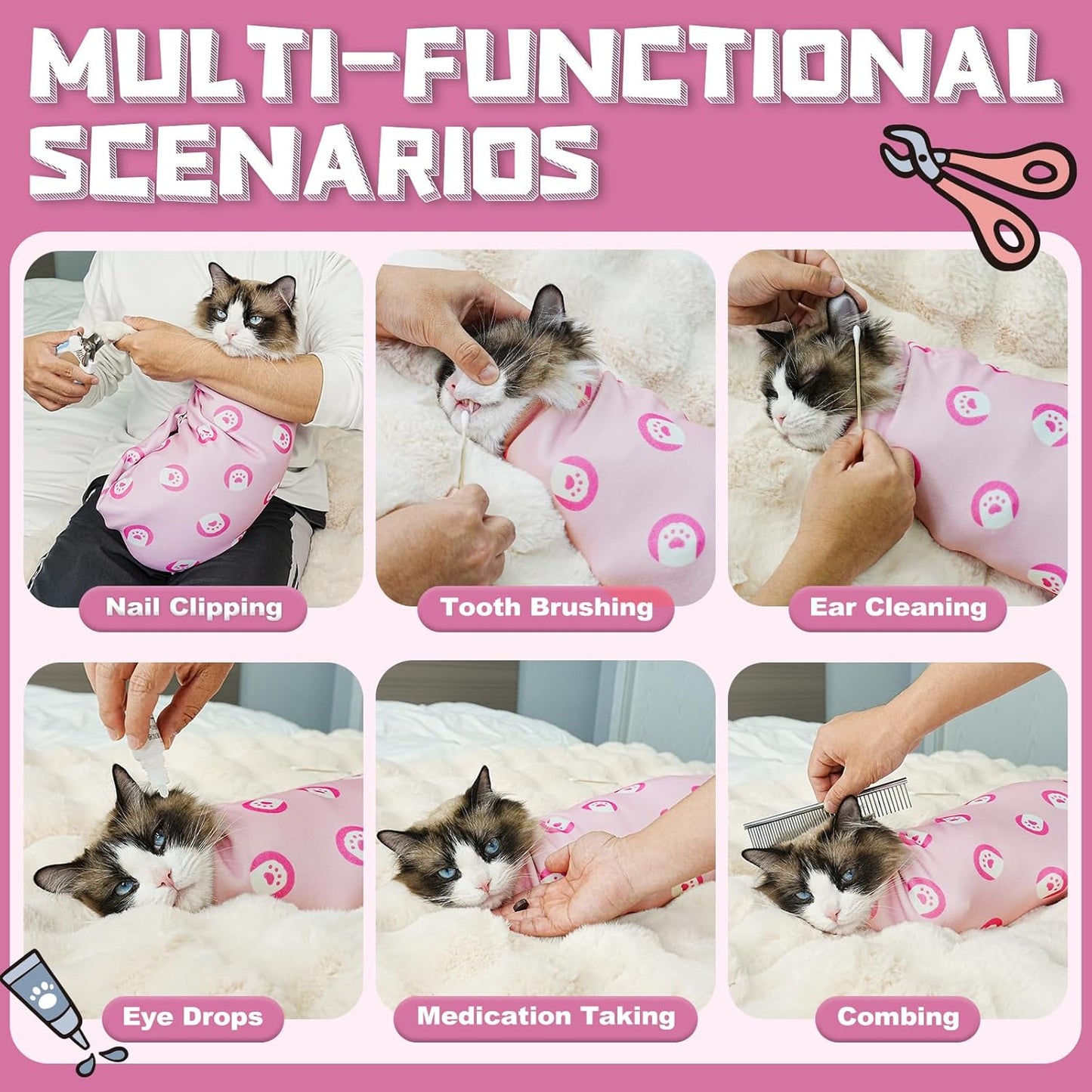 Supet Cat Wrap for Cutting Nails, Self-Adhesive Grooming Wrap, Anti-Scratch Cat Swaddle for Grooming, Ideal for Medicine, Nail Clipping, Teeth Brushing, Ear Cleaning