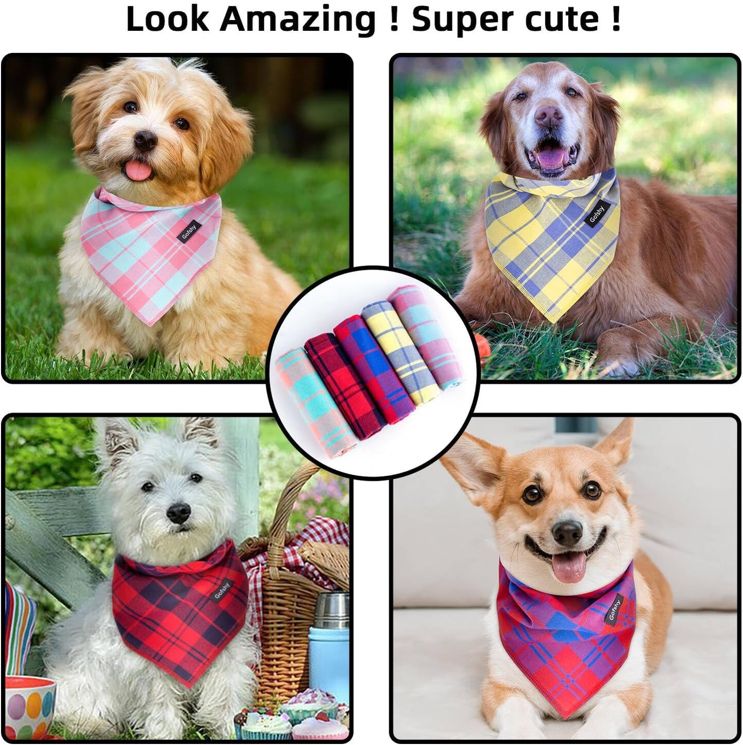 Summer Dog Bandana Small-Dog Scarf Vibrant Color Yellow Blue Plaid Printing Adjustable Bib Handkerchief Accessories for Small Dogs Cats (S)