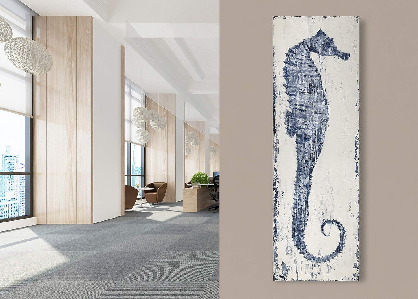 Yihui Arts Seahorse Wall Art Hand Painted Costal Paintings Blue Pictures Canvas Artwork for Living Room Bedroom Decoration