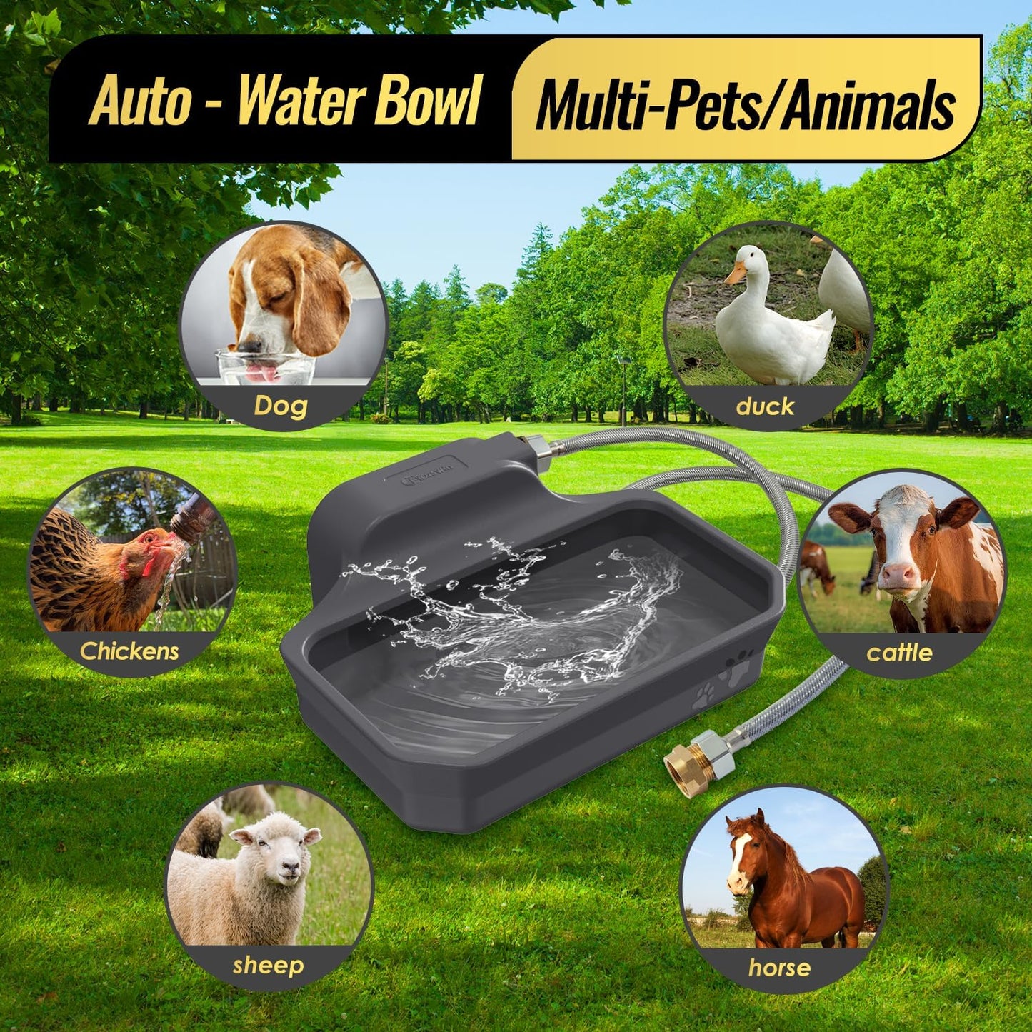 135OZ Automatic Water Dispenser for Large Dogs Patented Outdoor Dog Water Bowl Dispenser Automatic Dog Feeder Fit 3/4'' GHT Faucet Dog Waterer Include Water Hose Extra-Large Drinking Area