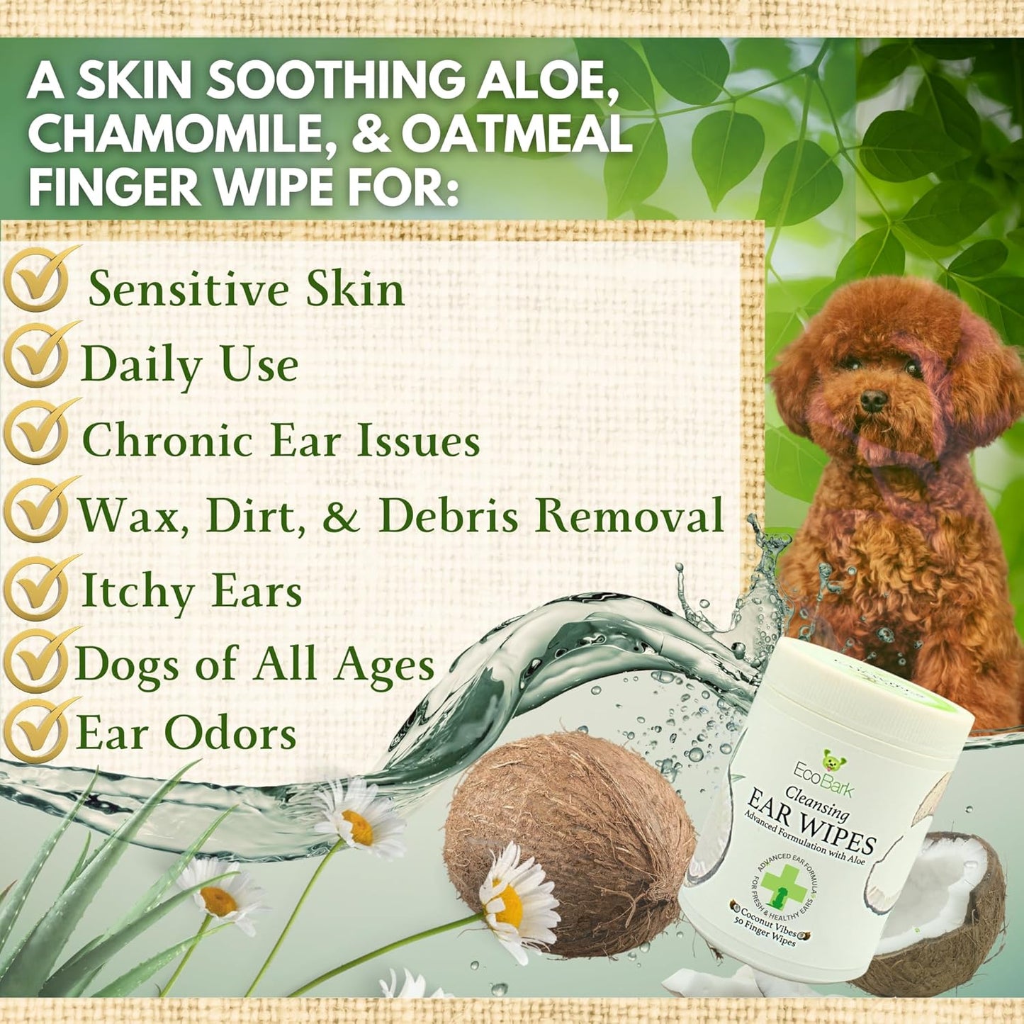 EcoBark Dog Ear Cleaner - Dog Ear Wipes with Finger Pad in Ear Solution - Gentle Otic Dog Grooming Supplies to Soothe Dog Ear Itching - Cleanse Away Dirt and Debris