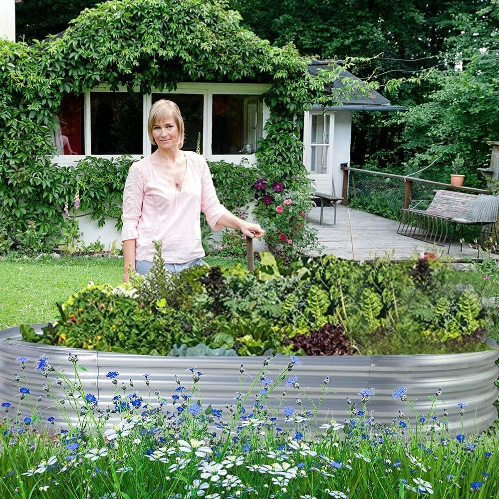 Land Guard Galvanized Raised Garden Bed Kit, Galvanized Planter Garden Boxes Outdoor, Oval Large Metal Raised Garden Beds for Vegetables…………