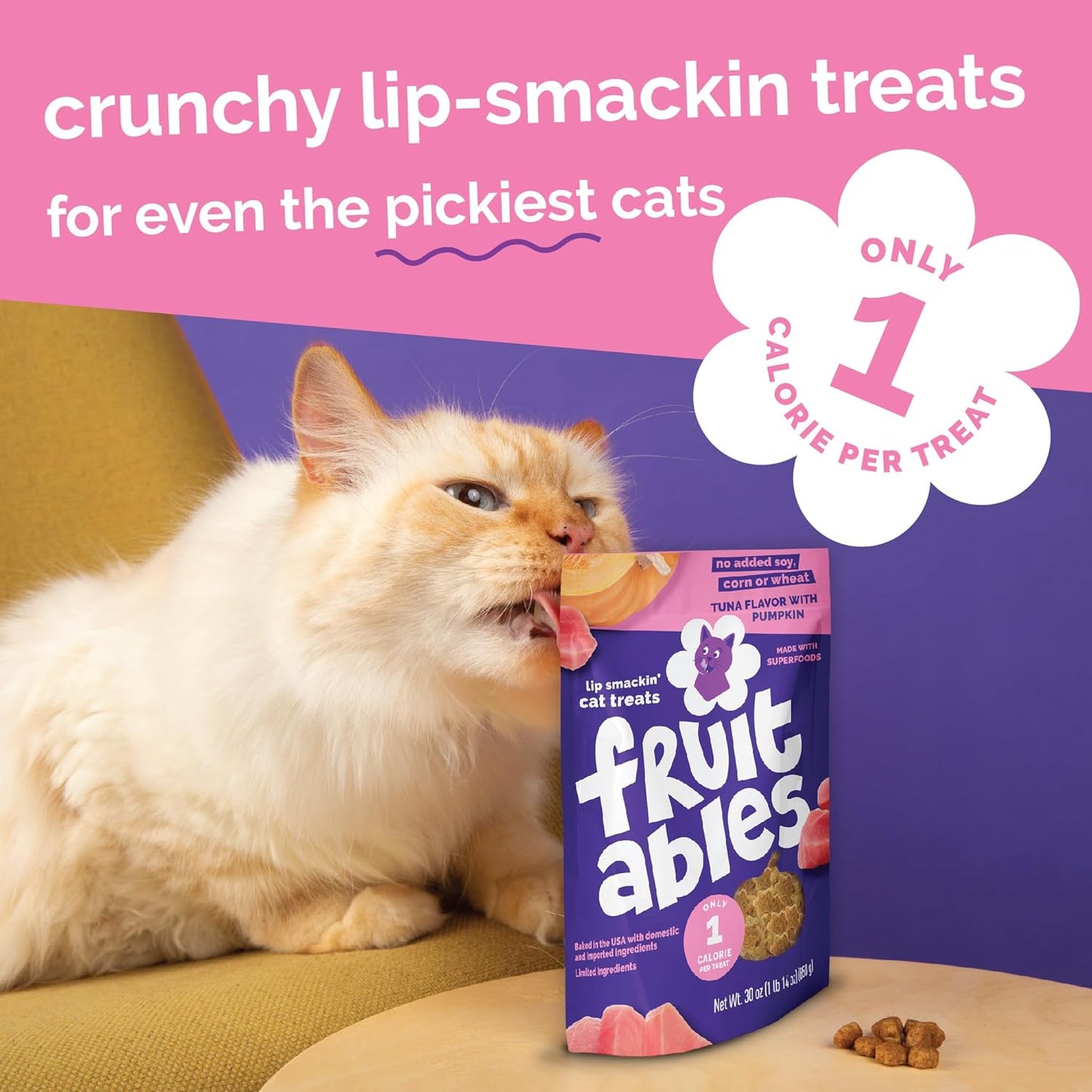 Fruitables Cat Treats, Healthy Treats For Cats, Low Calorie and Packed with Protein, Crunchy Biscuits, No Wheat, Corn or Soy, Made with Real Tuna and Pumpkin, 2.5oz