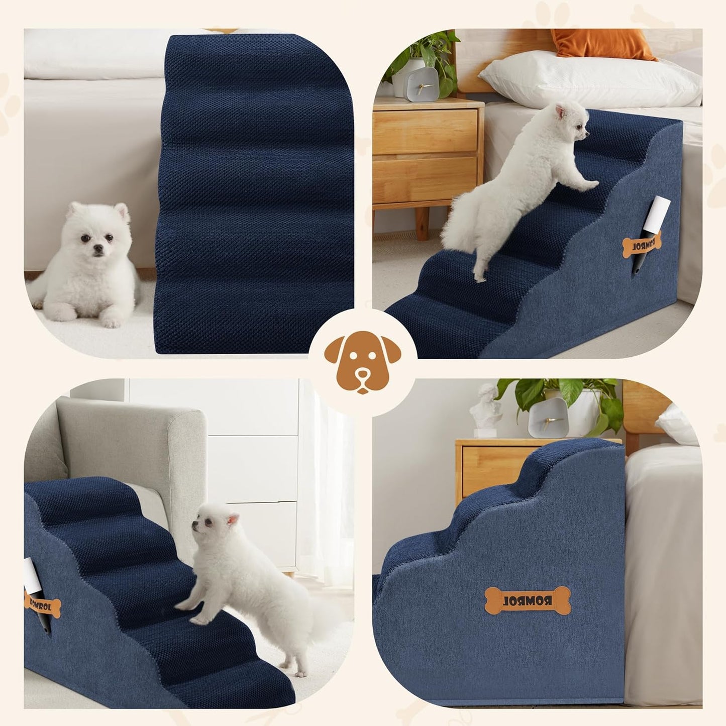 Dog Stairs, Romrol Dog Steps Ramp for High Bed and Couch, Dogs Ramp with Durable Non-Slip Waterproof Fabric Cover, Pet Stairs for Small Dogs and Cats or Pets Joints, 4-TiersNay