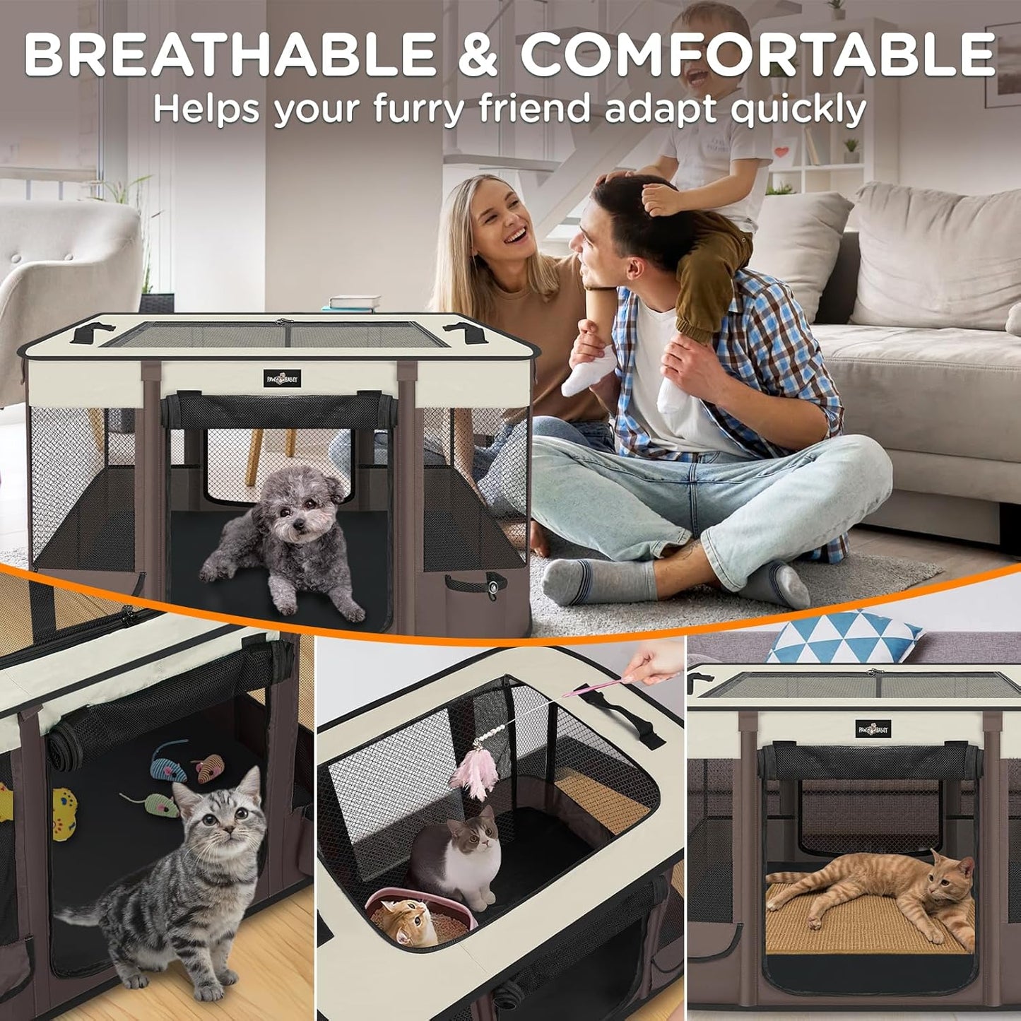 Foldable Pet Kitten Playpen, Upgrade Waterproof Portable Cat Dog Playpen Kennel Tent for Small Dog Cat, Removable Shade Cover, Indoor Outdoor Use for Small Pet, Brown