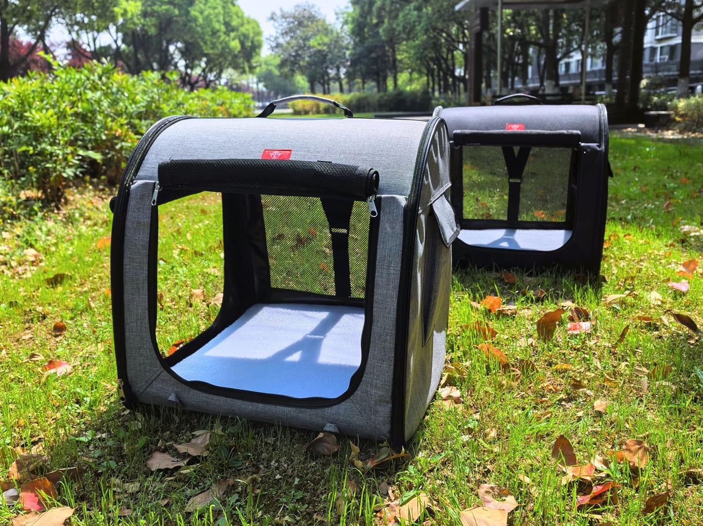Fabric Portable Pet Kennel/Shelter, Single, Gray, 20"x20"x19.5" - Car Seat-Belt Fixture Included