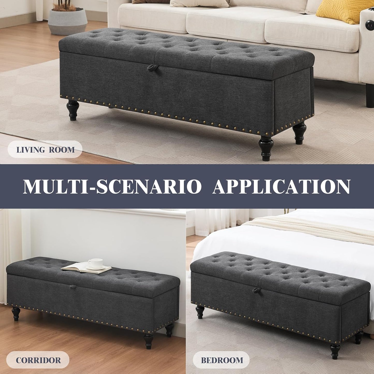 Mangodan51” Linen End of Bed Storage Bench, Tufetd Upholstered Storage Ottoman Bench with Safety Hinge, 330 lb Large Ottoman with Storages for Living Room, Entryway & Bedroom, Window Benches, Grey