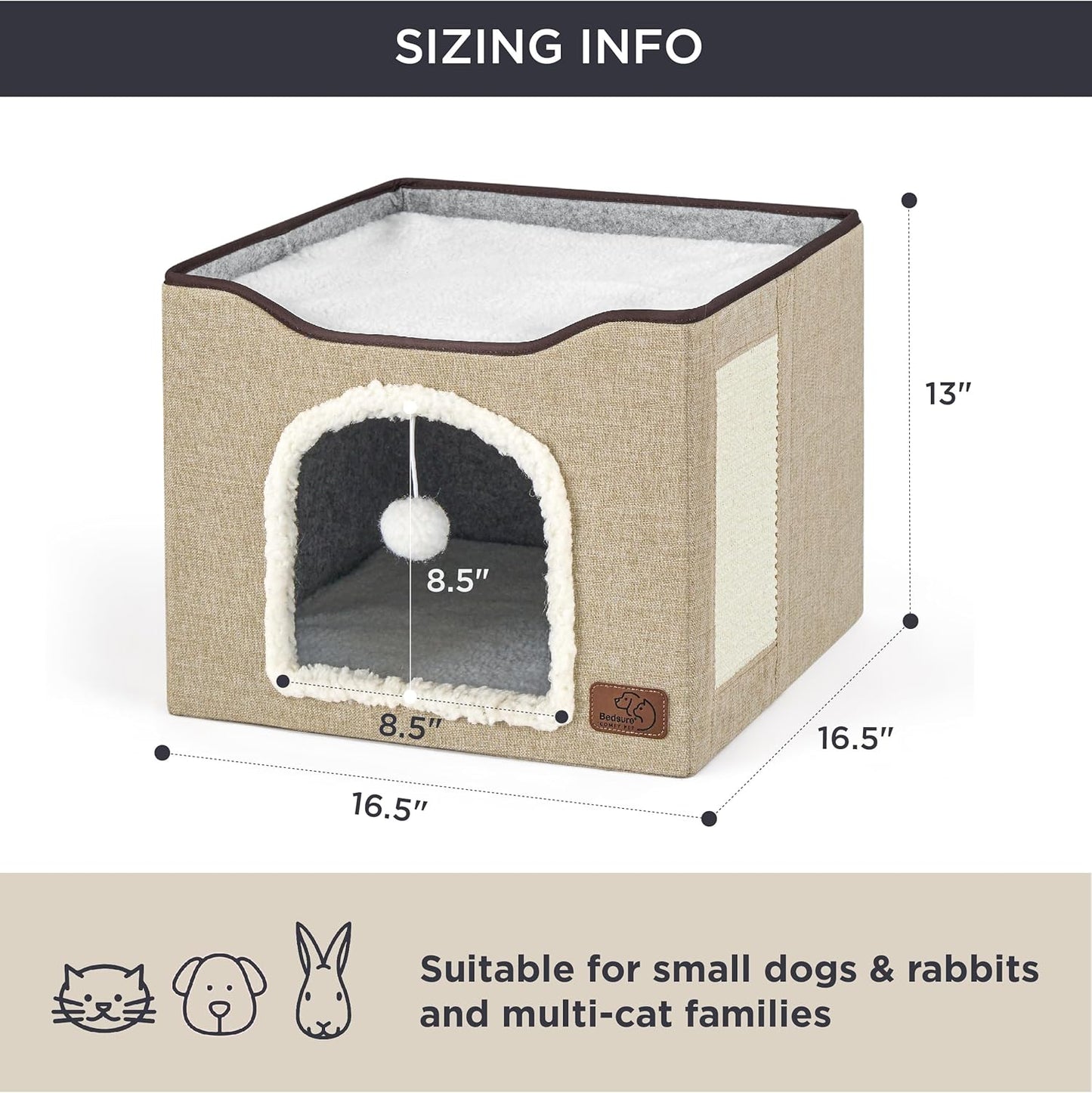 Bedsure Cat Beds for Indoor Cats - Large Cat Cave for Pet Cat House with Fluffy Ball Hanging and Scratch Pad, Foldable Cat Hideaway, 16.5x16.5x13 inches, Brown
