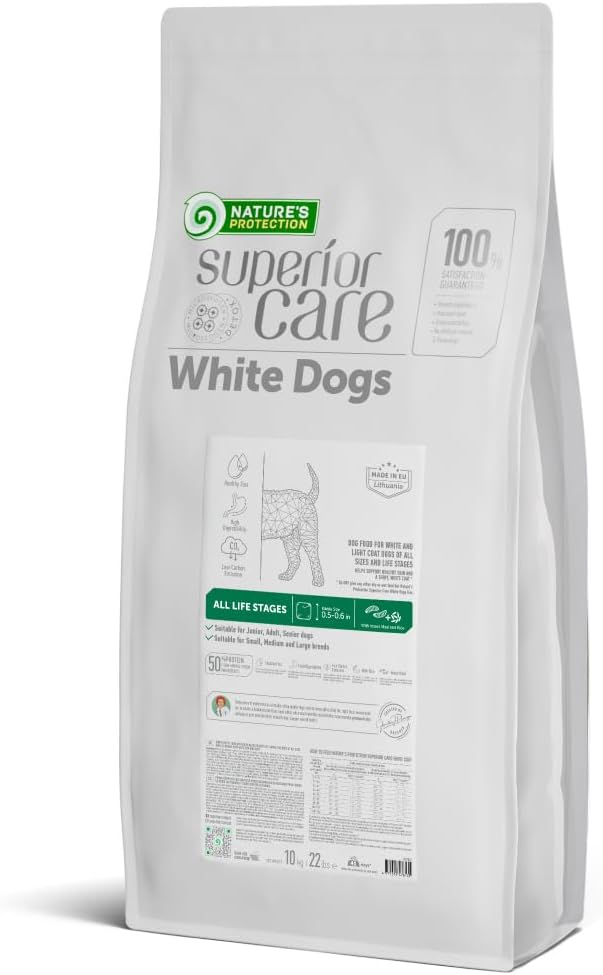 Nature's Protection Dry Dog Food for Puppy & Adult - High Protein Tear Stain Formula - Hypoallergenic Kibble for Small, Medium & Large Breed Dogs with Light Fur (Superior Care - Insect, 22 lb)
