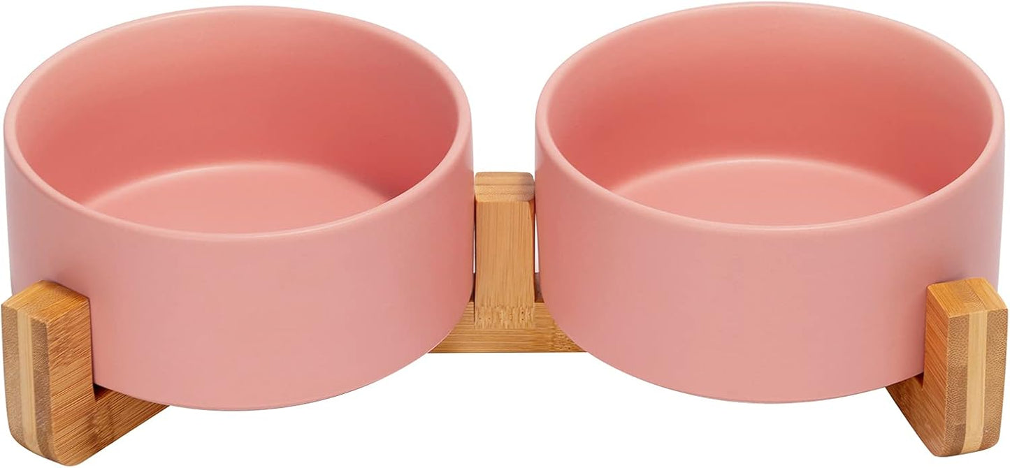 SPUNKYJUNKY Ceramic Dog and Cat Bowl with Wood Stand Non-Slip Matte Glaze Weighted Food Water Set for Cat Medium Dog 28.7 OZ