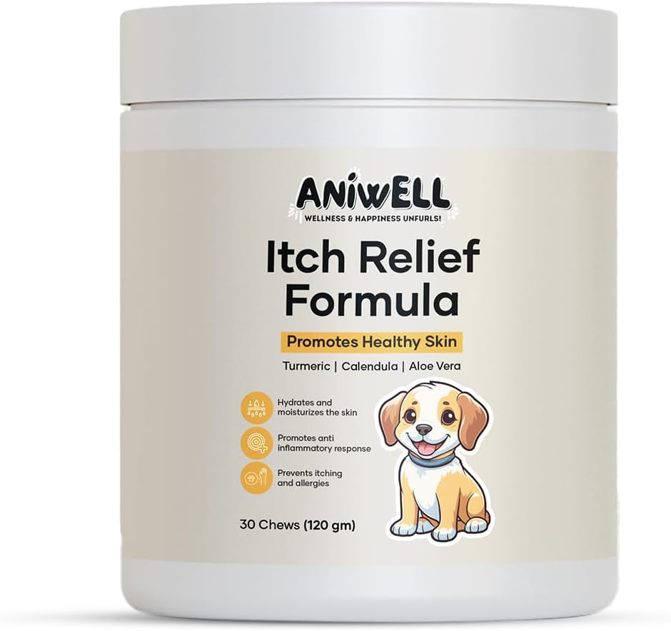 Itch Relief Chews for Dogs – Vitamin E & Borage Oil Supplement – Packed with Beneficial Fatty Acids for Healthy Skin – Seasonal Allergies Support