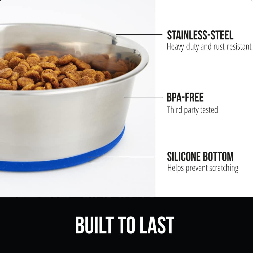GORILLA GRIP Set of 2 Dog Bowls, Heavy Duty Metal Food and Water Bowl for Feeding Dogs and Cats, Dishwasher Safe, Rust Resistant Stainless Steel, BPA Free Rubber Base, Holds 2 Cups (16 fl oz), Blue