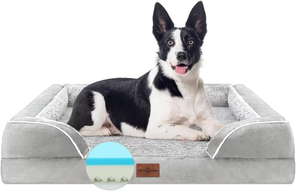 Comfort Expression Orthopedic Memory Foam Dog Bed, Waterproof Dogs Beds Large Sized, Washable Cooling Dogs Beds with Removable Cover, Pet Sofa with Bolster(Large,Light Grey)