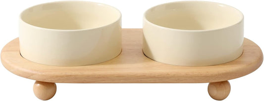 Ceramic Elevated Cat Food and Water Bowl, Kitty Bowl, Raised Cat Dish, Pet Feeder (5.1 in, 2 x Beige + Stand)