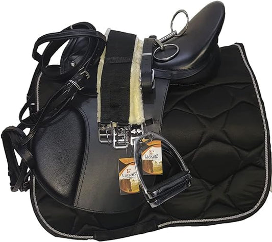 Leather English Riding Horse Black Saddle Starter Kit for Horse Riding Gift Set English Jumping Saddle 7 Pcs Combo Pack