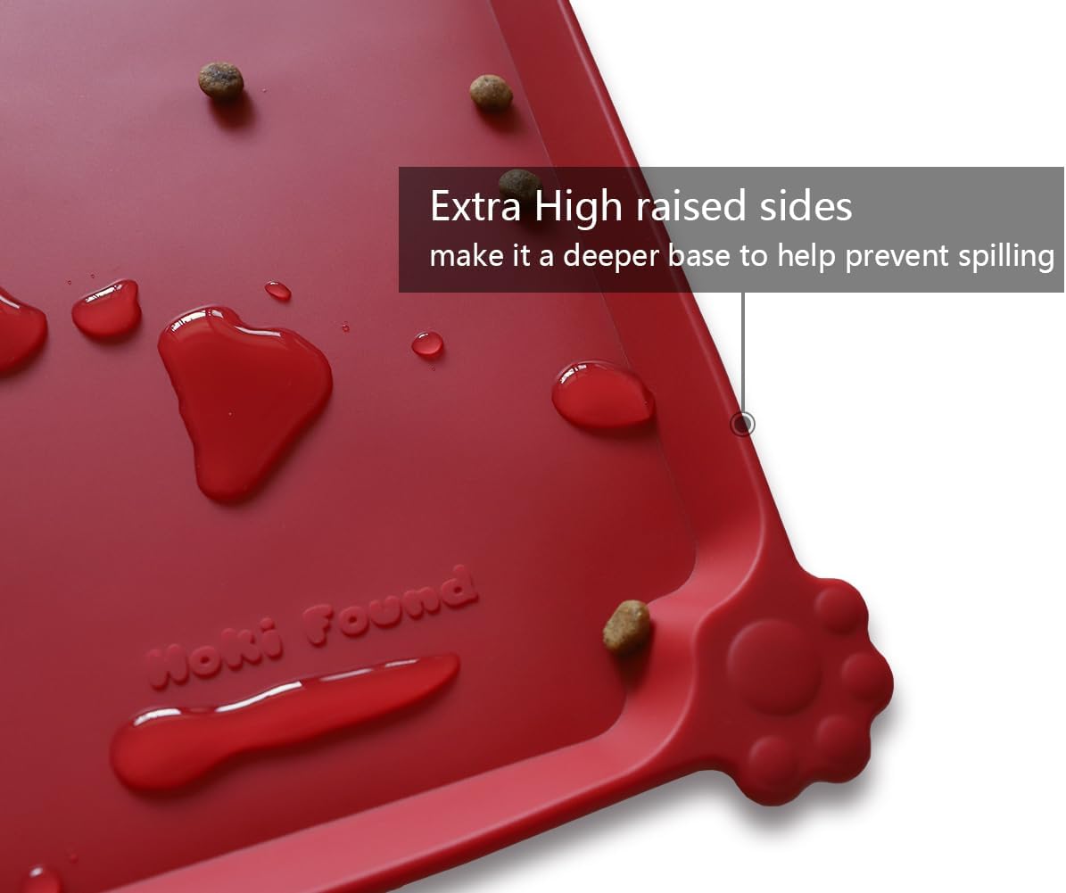 Hoki Found L Silicone Pet Food Mats Tray - Non Slip Pet Dog Cat Bowl Mats Placemat - Dog Pet Feeding Mat - Waterproof Dog Cat Food Mats -Pet Water Mats for Carpet - Classic red