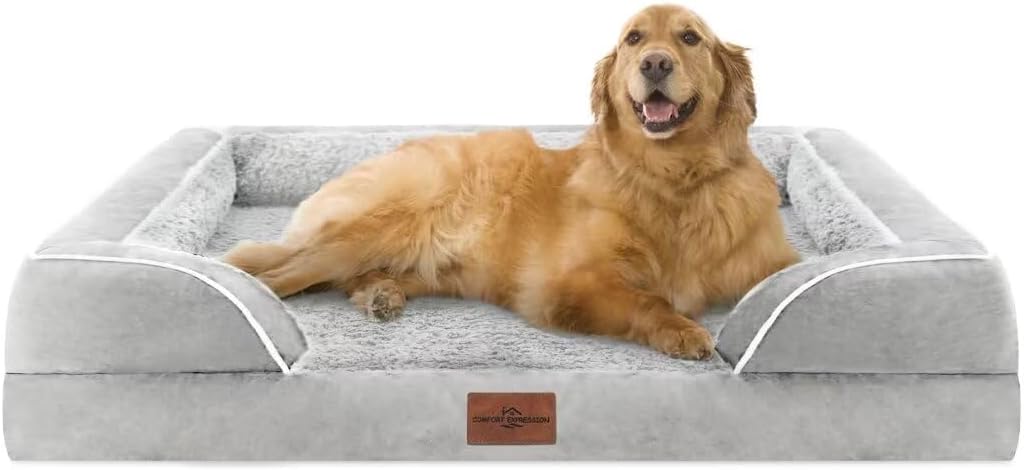 Comfort Expression XL Dog Beds Waterproof, Orthopedic Foam Dog Beds Large Sized, Bolster Dogs Beds Washable Pet Sofa with Removable Cover & Non-Slip Bottom(X-Large,Grey White)