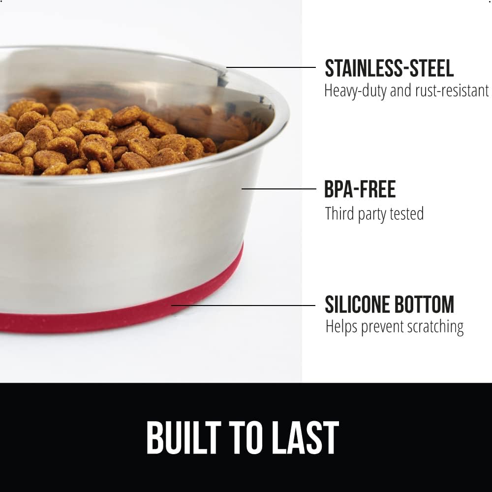 GORILLA GRIP Set of 2 Dog Bowls, Holds 6 Cups (48 fl oz), Heavy Duty Metal Food and Water Bowl for Feeding Dogs and Cats, Dishwasher Safe, Rust Resistant Stainless Steel, BPA Free Rubber Base, Red