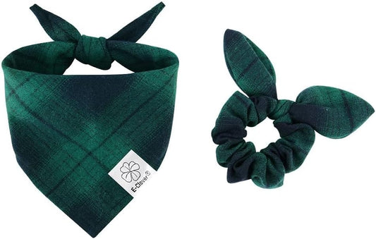 E-Clover Dog Bandanas & Matching Scrunchie Set Plaid Dog Bibs Scarf Boy Triangle Kerchief Bandana for Small Dogs Puppy Birthday Gifts Pet Owner Mom Green Fall