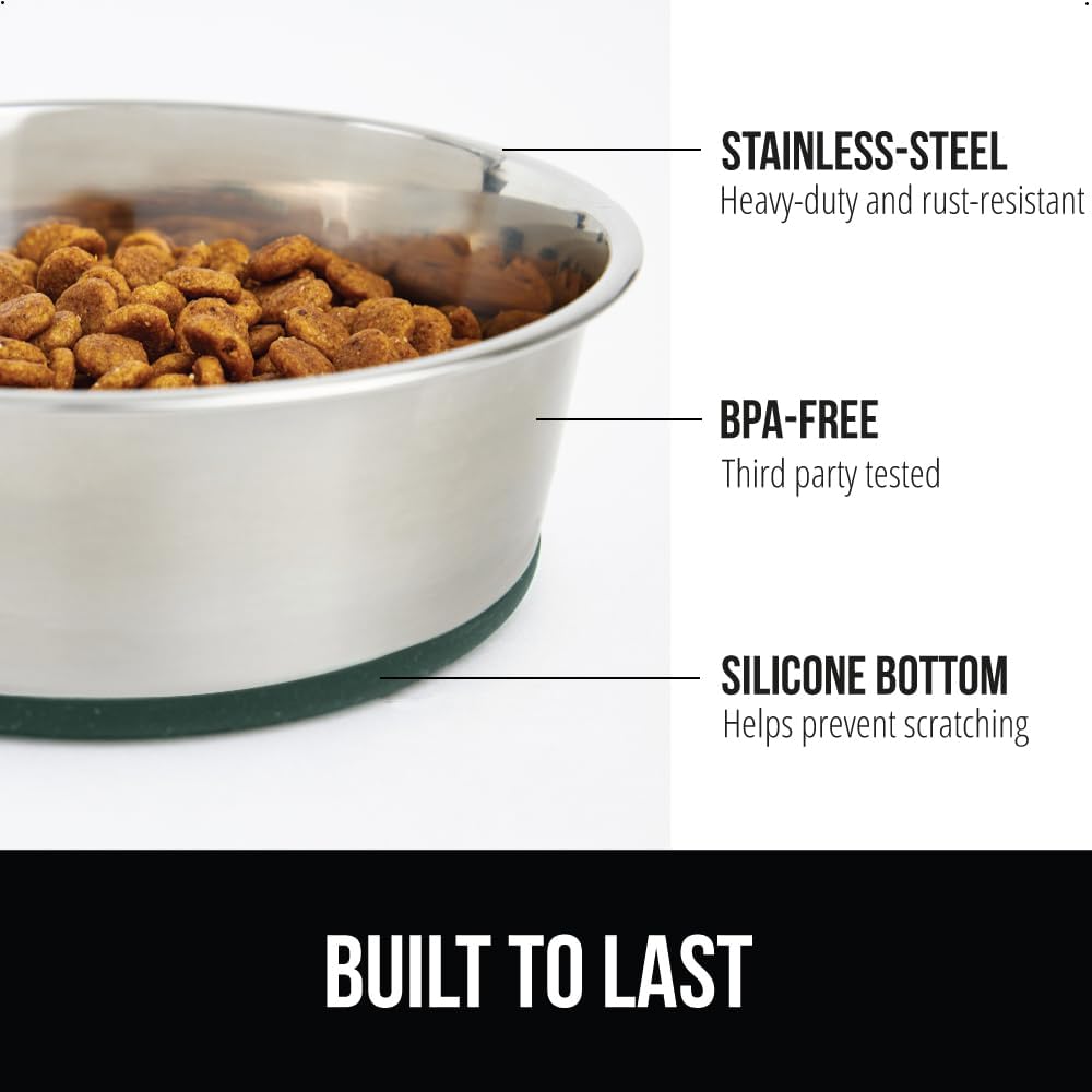 GORILLA GRIP Set of 2 Dog Bowls, Holds 4 Cups (32 fl oz), Heavy Duty Metal Food and Water Bowl for Feeding Dogs and Cats, Dishwasher Safe, Rust Resistant Stainless Steel, BPA Free Rubber Base, Green