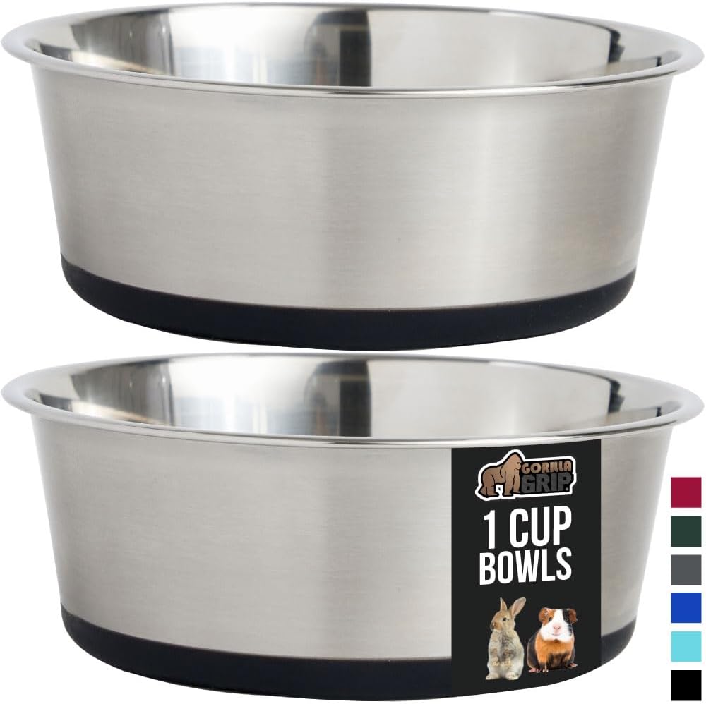 GORILLA GRIP Set of 2 Dog Bowls, Heavy Duty Metal Food and Water Bowl for Feeding Dogs and Cats, Dishwasher Safe, Rust Resistant Stainless Steel, BPA Free Rubber Base, Holds 1 Cup (8 fl oz), Black