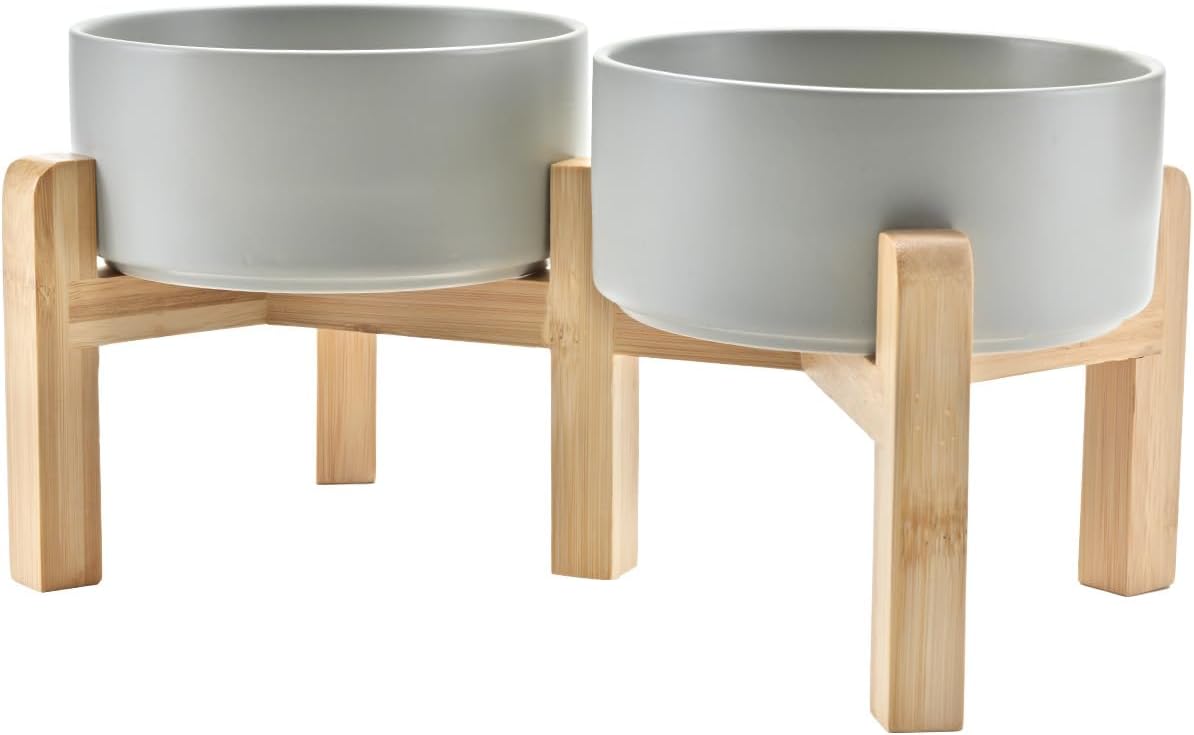 SPUNKYJUNKY Elevated Dog Bowls Ceramic, 6.1'' Dogs and Cat Food Water Bowls Raised with Non-Slip Bamboo Stand for Medium Sized Breed Microwave Dishwasher Safe - 28.7 OZ,Grey