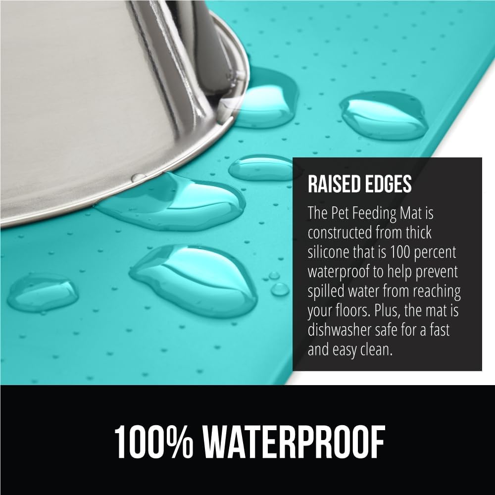 GORILLA GRIP 100% Waterproof Raised Edge BPA Free Silicone Pet Feeding Mat, Dog Cat Food Mats Contain Spills Protects Floors, Placemats for Cats and Dogs Water Bowl, Pets Accessories 32x24 Turquoise