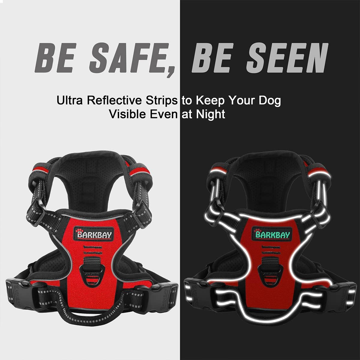 BARKBAY No Pull Dog Harness Front Clip Heavy Duty Reflective Easy Control Handle for Large Dog Walking(Red,L)