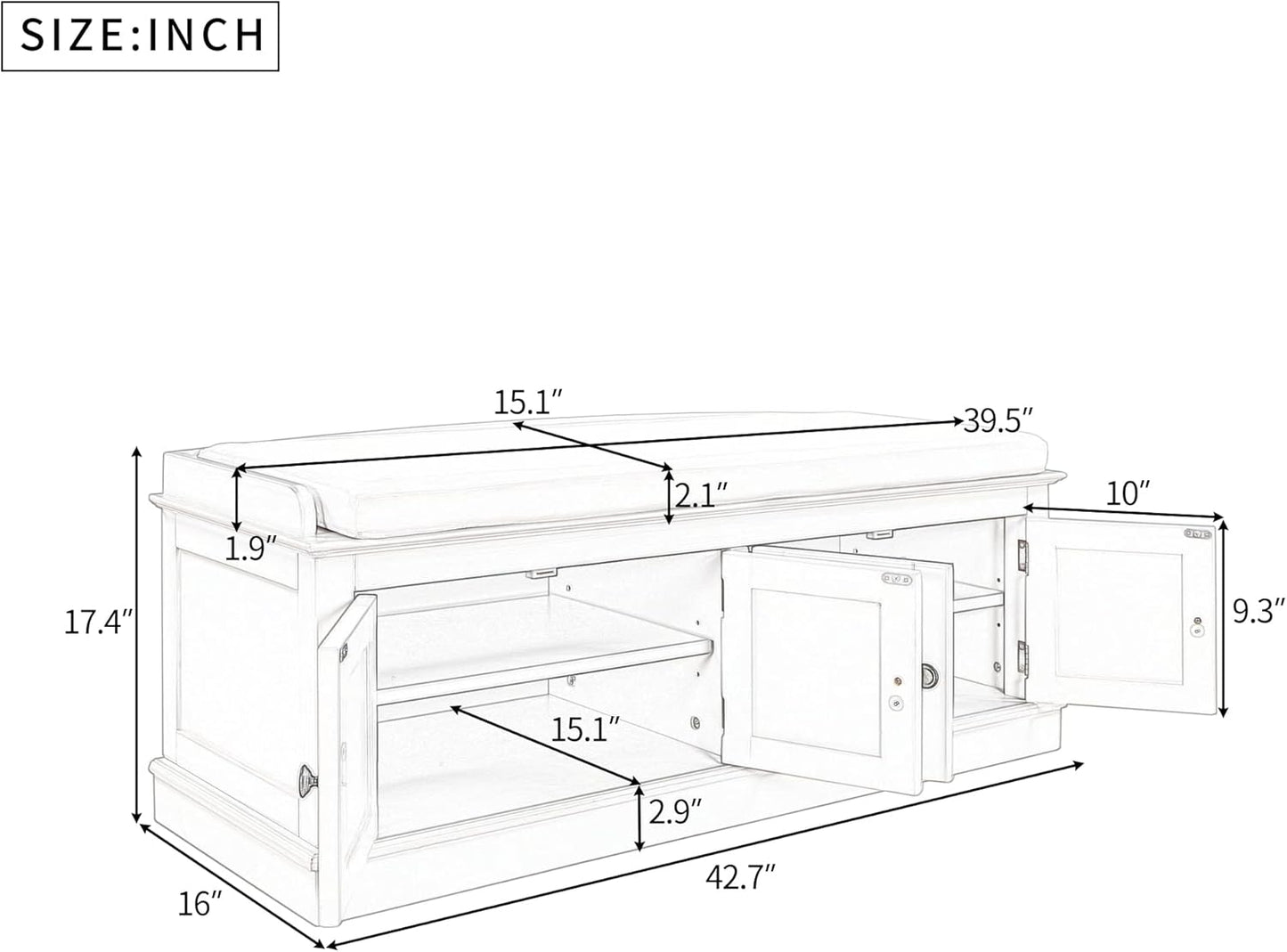Storage Bench with 4 Doors and Adjustable Shelves, Shoe Bench with Removable Cushion for Living Room, Entryway 42.7" L x 16" W x 17.4" H (Antique Navy)