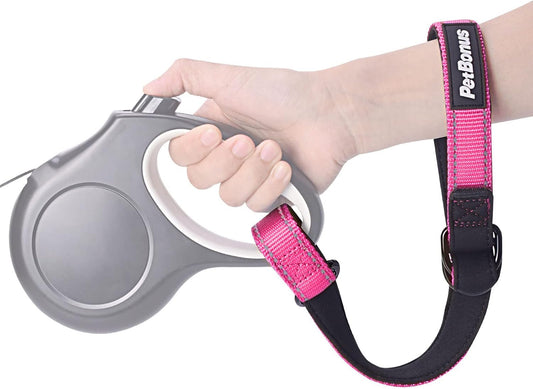PetBonus Short Dog Leash, Safety Wrist Strap for Retractable Dog Leash, Reflective Design and Adjustable Soft Padded Handle, Extra Layer Security for Pet Stroller (Pink) 1 Pack