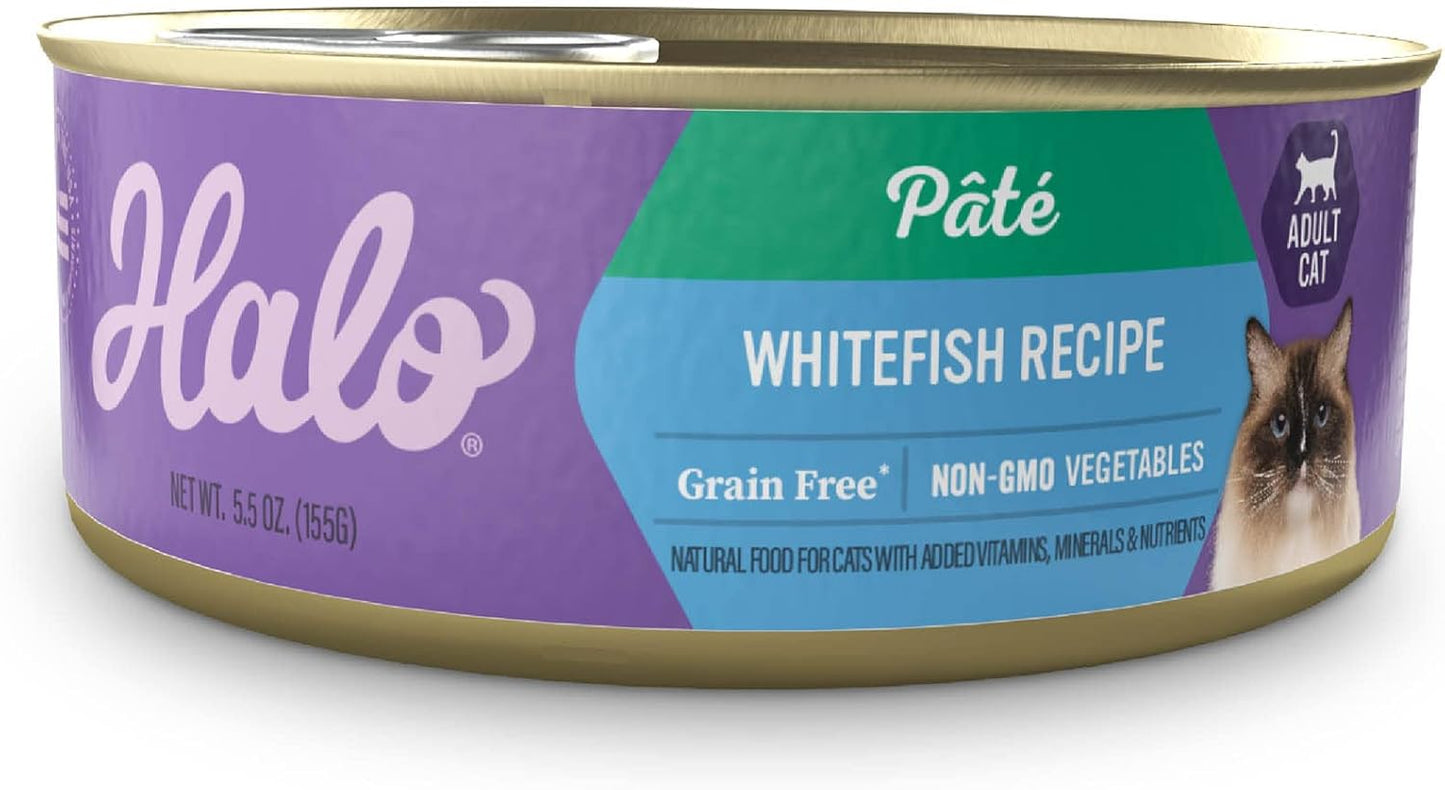 Halo Wet Cat Food Whitefish Recipe, Grain Free Wet Cat Pate, Canned Cat Food for Extra Hydration, 5.5 Oz Can (Pack of 12)