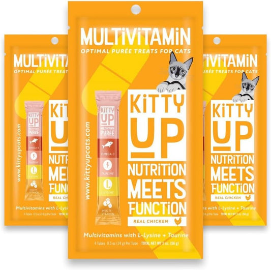 Lickable Cat Treat Pouches for Indoor Cats - All Natural Chicken Puree Tube Treats, Kitten and Senior Soft Wet Cat Treats - Grain Free, Lysine, Taurine; 12 Tubes .05 oz ea.