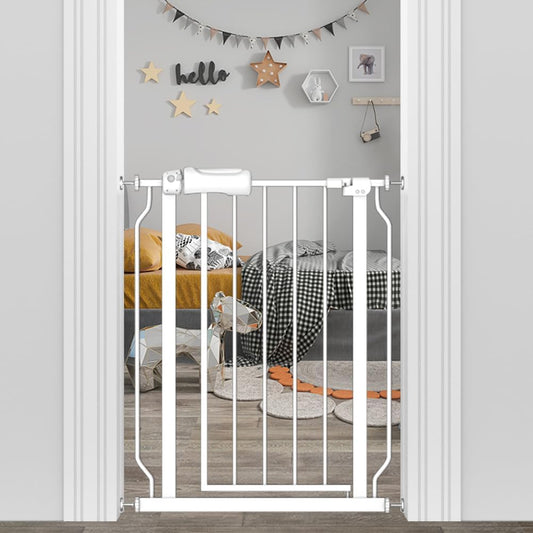 Narrow Baby Gate 24 to 29 Inch Wide Pet Gate Pressure Mounted No Drill Safety Gate Walk Through Metal Child Gate for Kids Stairs or Pets Indoor White
