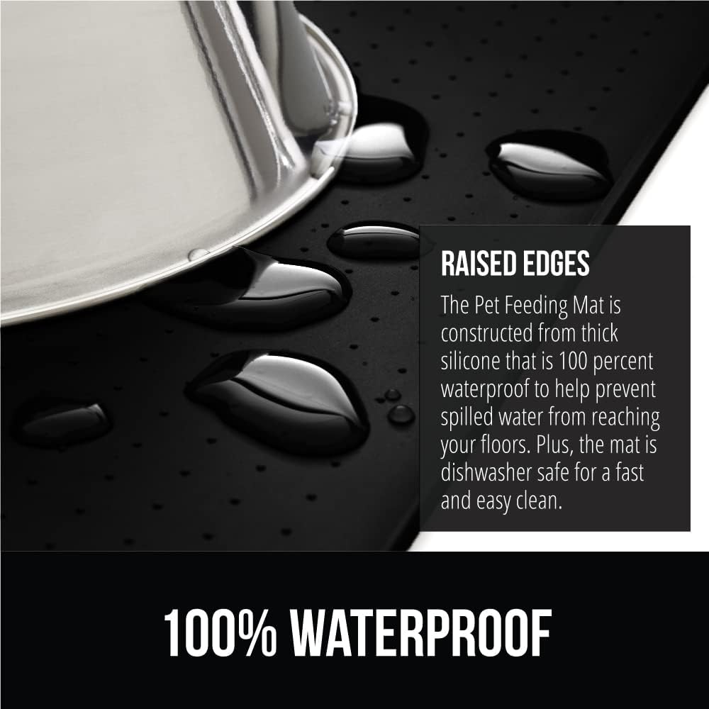 GORILLA GRIP 100% Waterproof Raised Edge BPA Free Silicone Pet Feeding Mat, Dog Cat Food Mats Contain Spills Protects Floors, Placemats for Cats and Dogs Water Bowl, Pets Accessories 16x10, Black