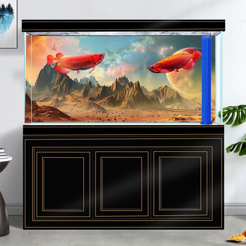Cosmic Aquarium Background,Cool Galaxy Parallel Space Themed Fish Tank Background, Tropical Desert Terrarium Background 48X20IN with 8 EVA Double-Sided Tape